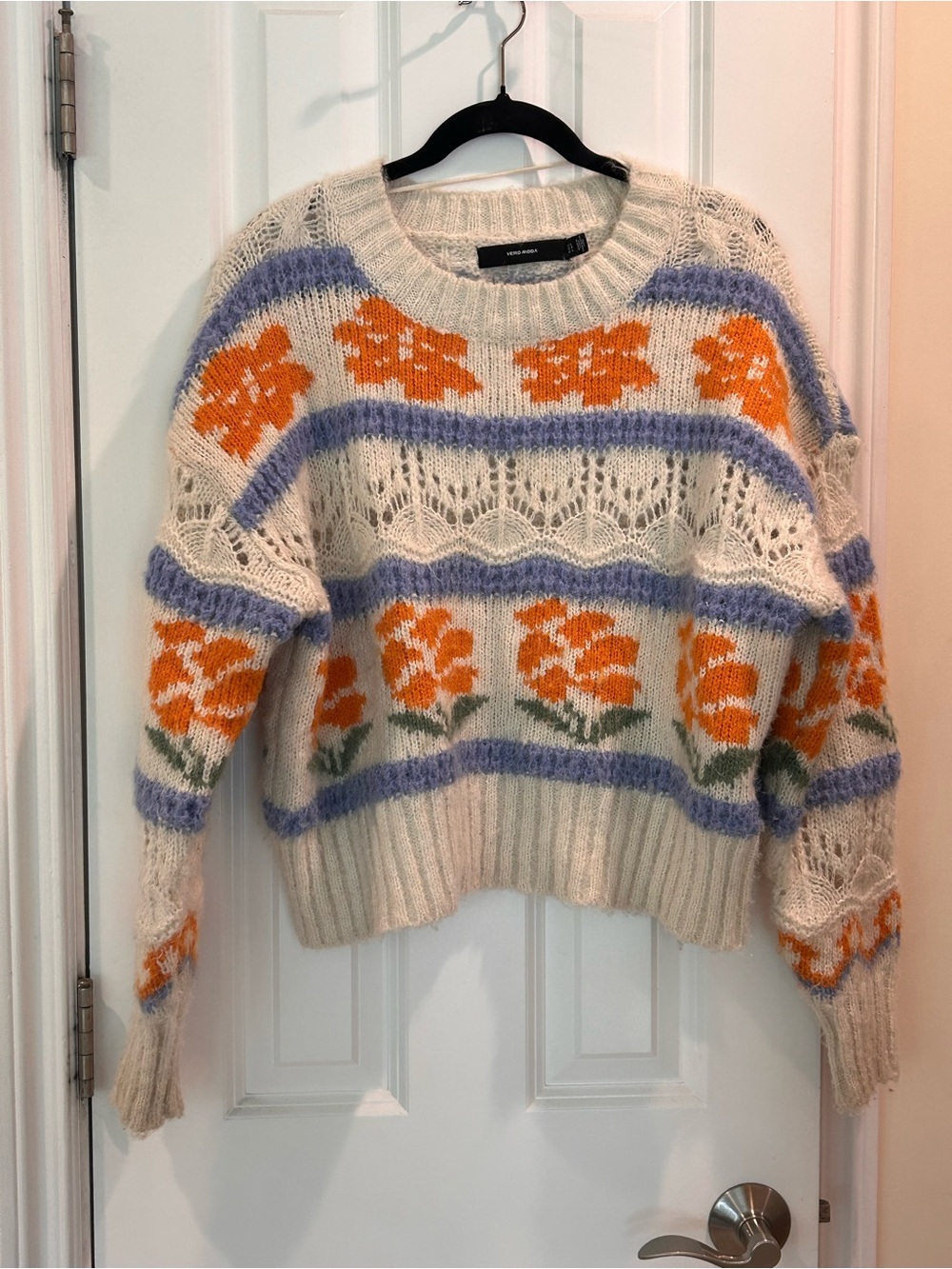 Vero Moda Floral Fair Isle Knit Sweater Cream Open Knit Cozy Cottagecore Boho - Picture 3 of 9